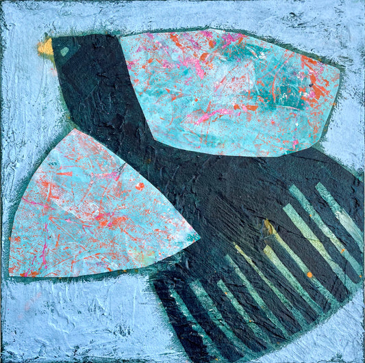 Take This Moment to Arise abstract blackbird painting with layered mixed media texture