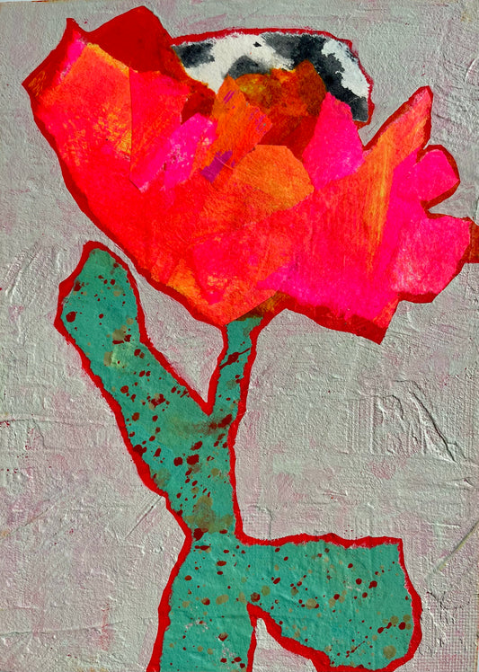 "Hello Hot Pink" $90  5”x 7” acrylic paint and painted papers on gallery depth wooden canvas