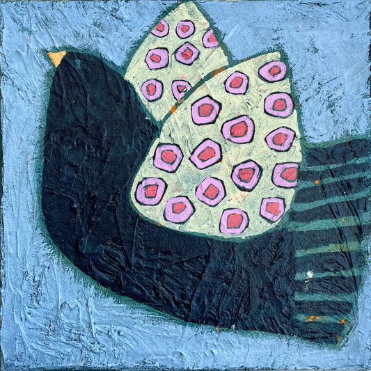 You Were Only Waiting abstract blackbird painting with luminous colourful polka dot wings