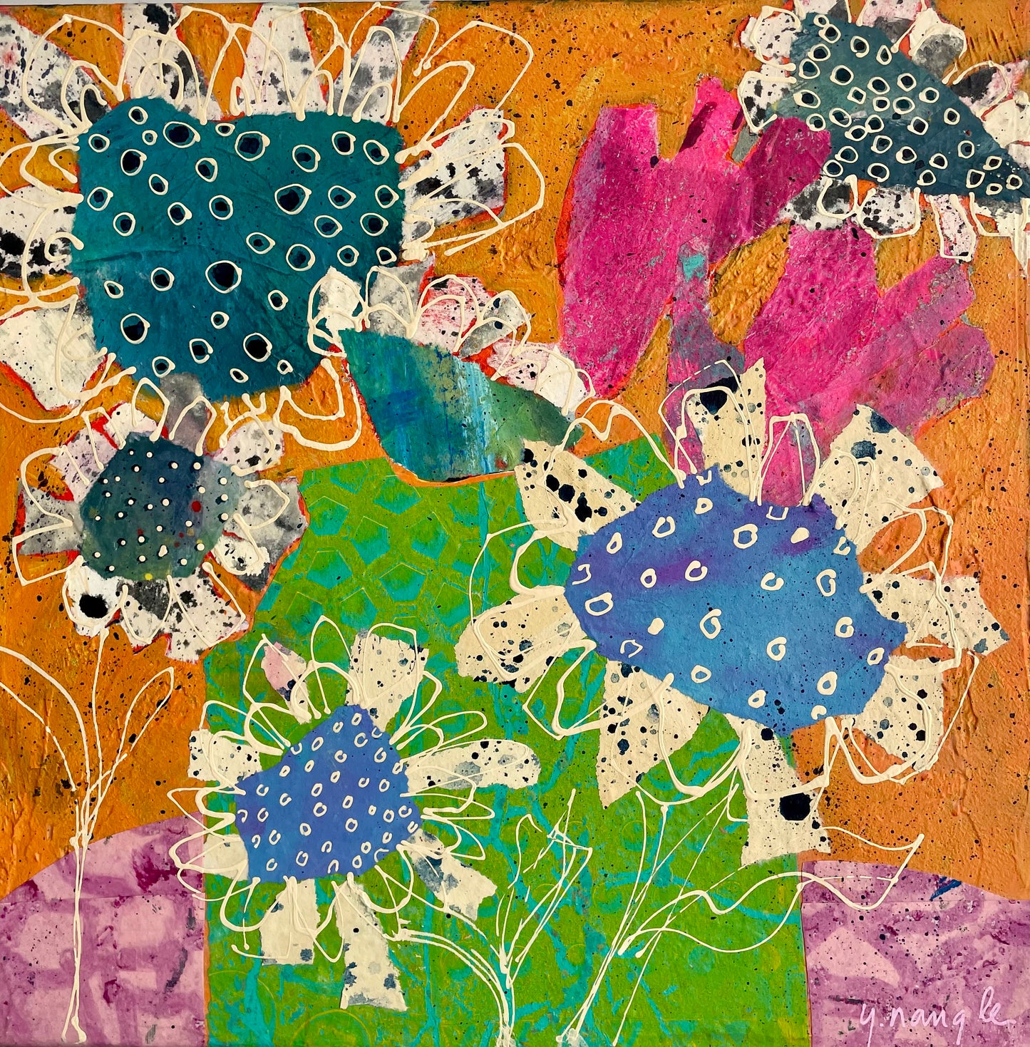 “Too Much Bloom for the Vase”  $350 - 12"x 12" mixed media Acrylic and painted papers on canvas