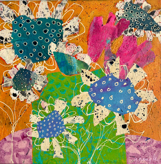“Too Much Bloom for the Vase”  $350 - 12"x 12" mixed media Acrylic and painted papers on canvas