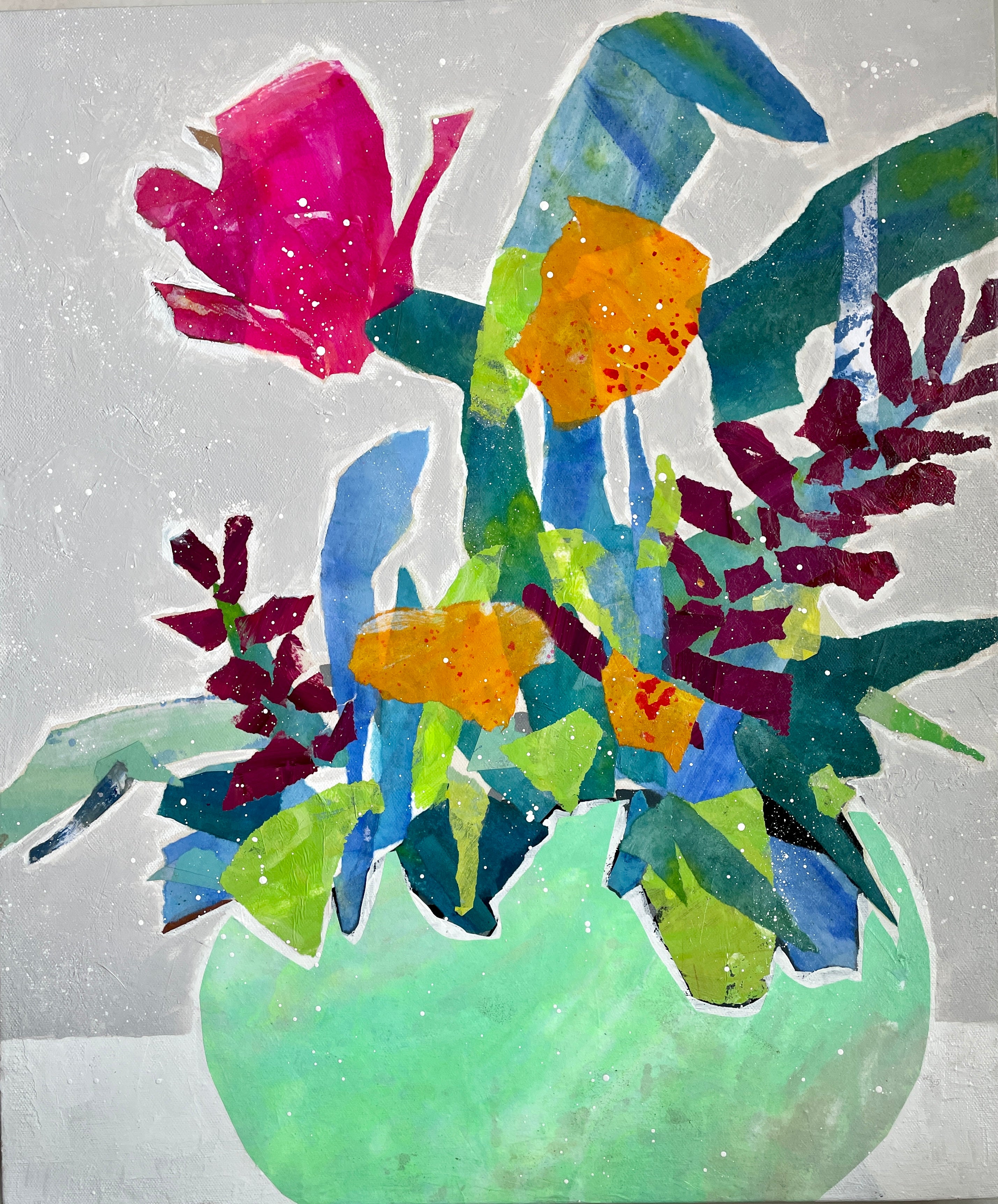 colorful mixed media original painting of abstract flowers in a teal vase wall art