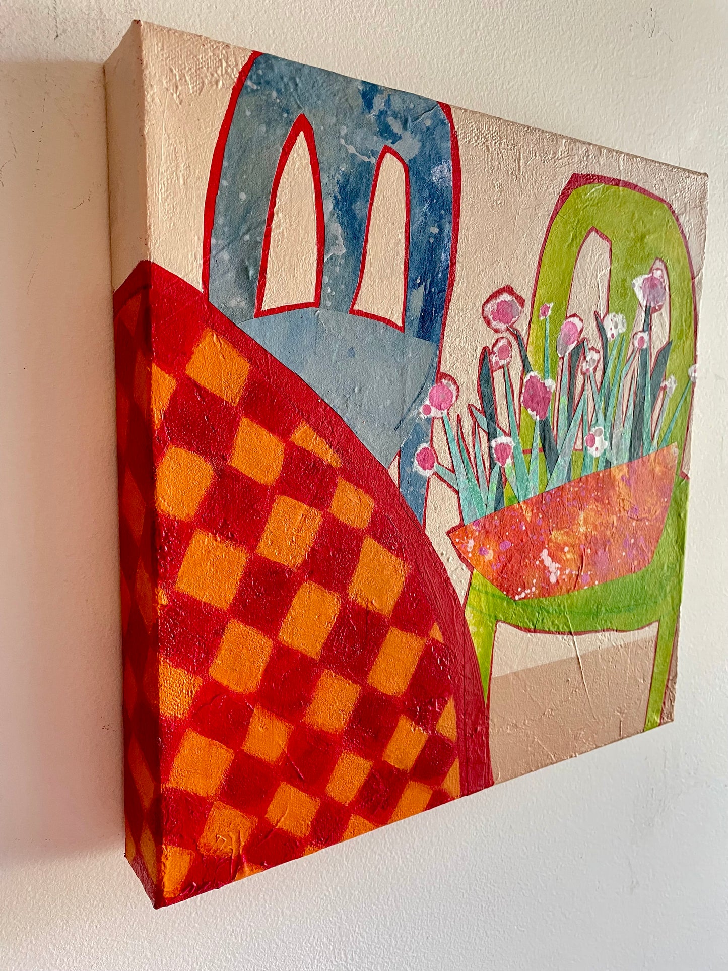 ”Garden Chairs”  $350 - 12"x 12" mixed media Acrylic and painted papers on canvas