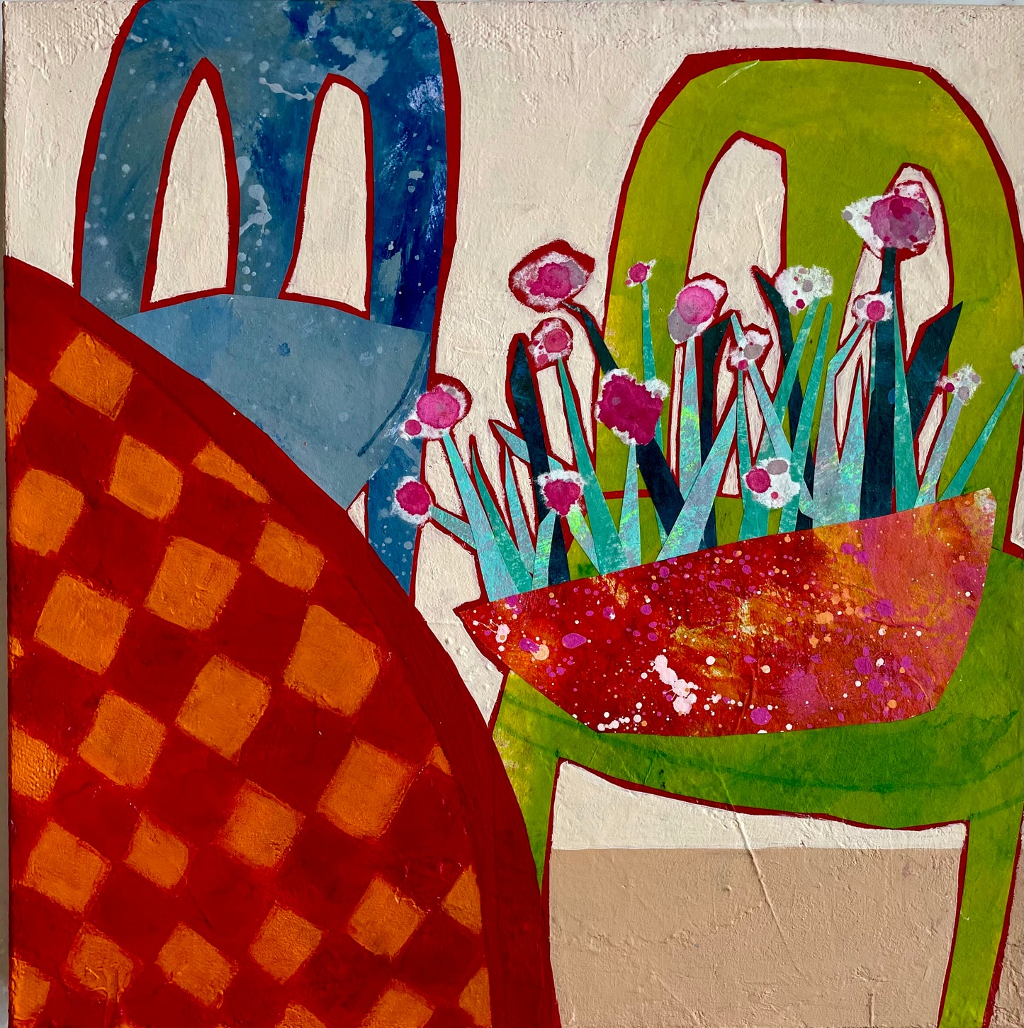 ”Garden Chairs”  $350 - 12"x 12" mixed media Acrylic and painted papers on canvas
