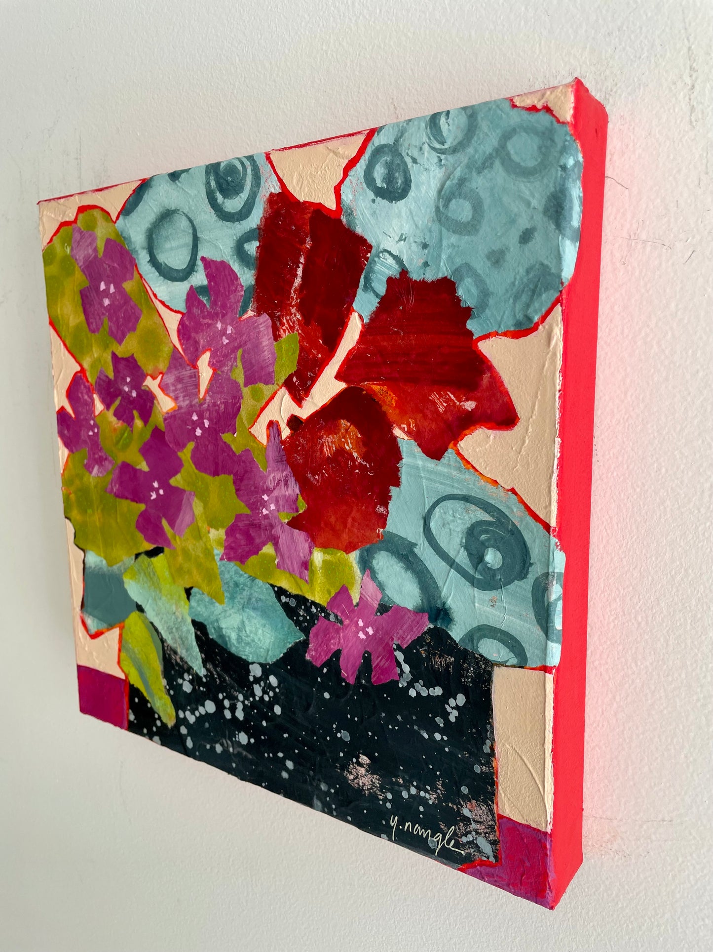 ”In Bloom”  $350 - 12"x 12" mixed media Acrylic and painted papers on canvas