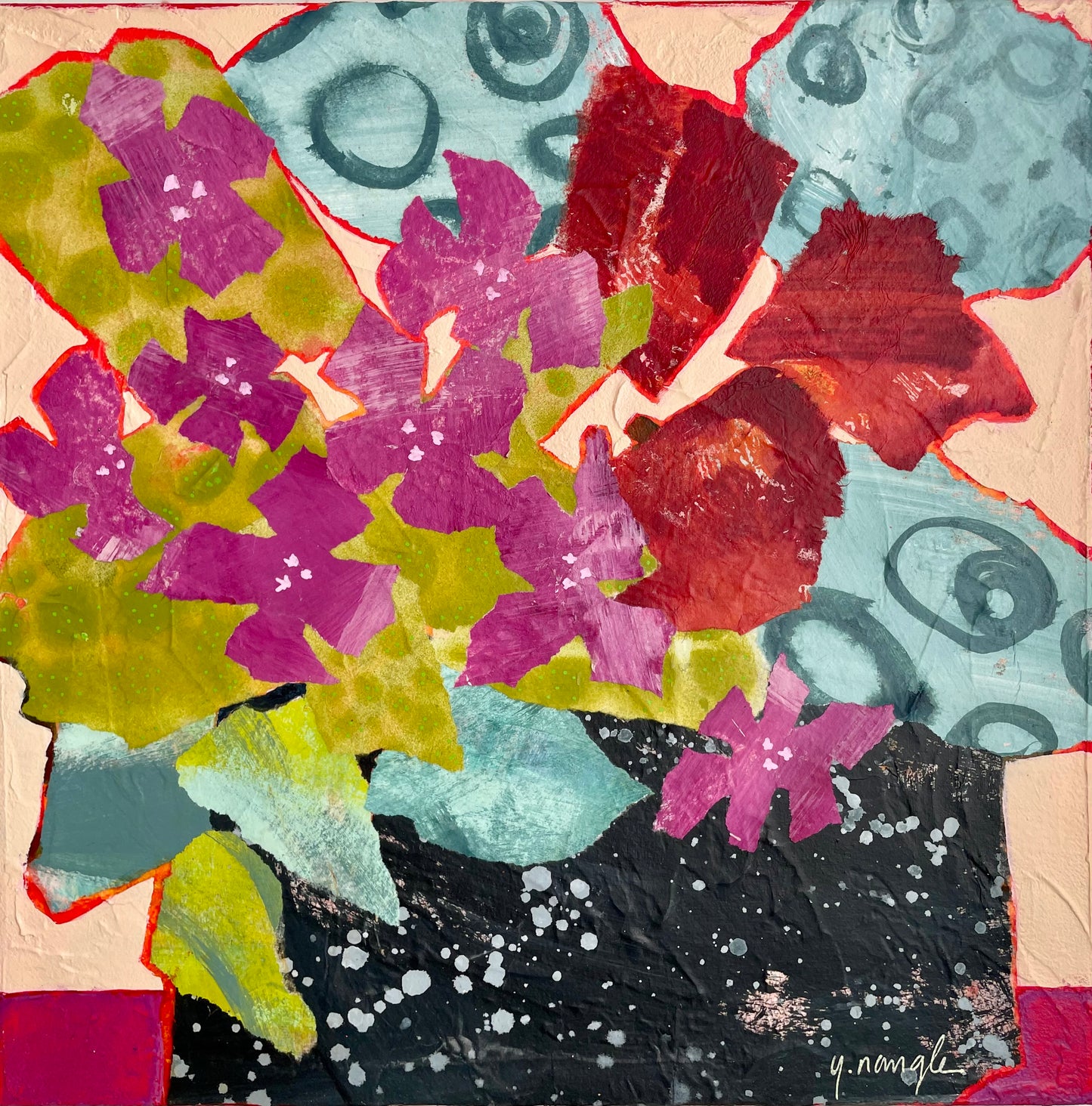 ”In Bloom”  $350 - 12"x 12" mixed media Acrylic and painted papers on canvas