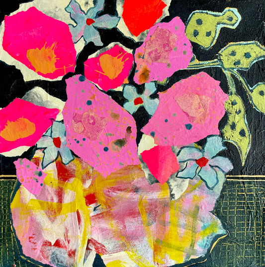 “Neon Pink Bursting Blooms”  $350 - 12"x 12" mixed media Acrylic and painted papers on canvas