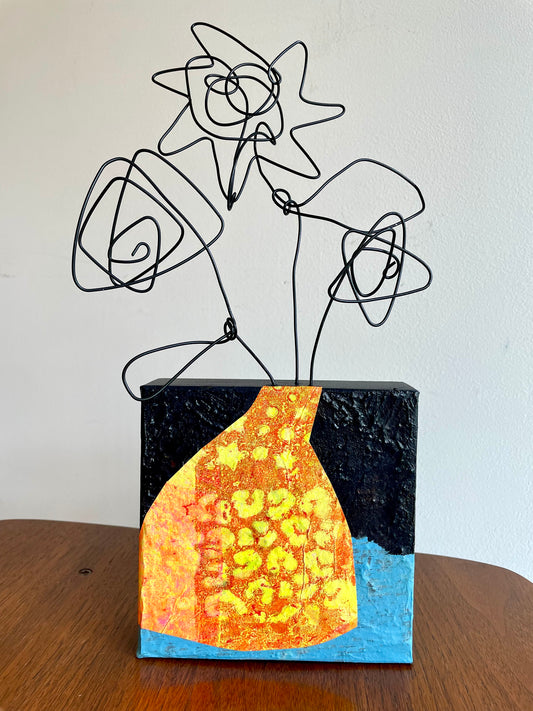 “Tiny Bloom, Big Mood”  $150- 6"x 6" canvas with wire doodle flowers emerging from the top