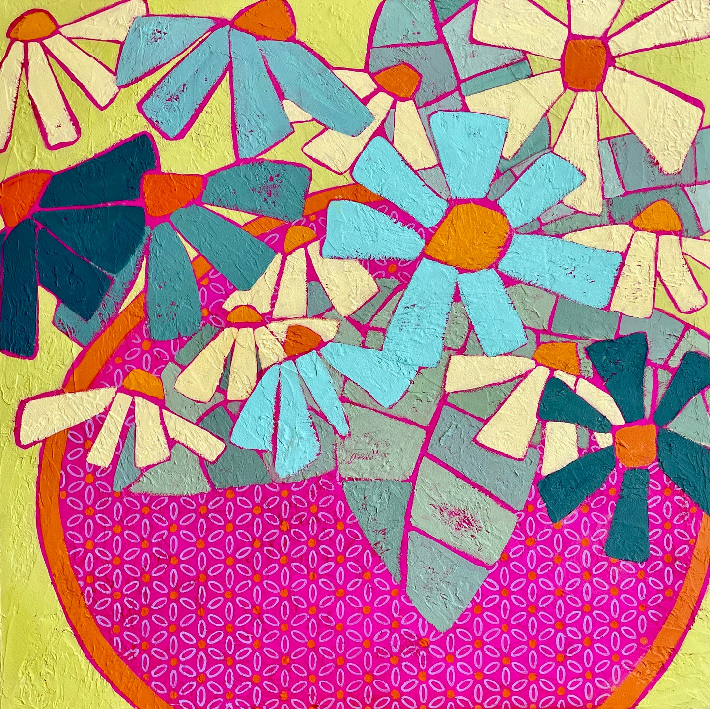 Abstract floral painting with bold daisy flowers in blue, white and teal arranged in a patterned hot pink bowl on a yellow background, acrylic on canvas by Yvonne Nangle