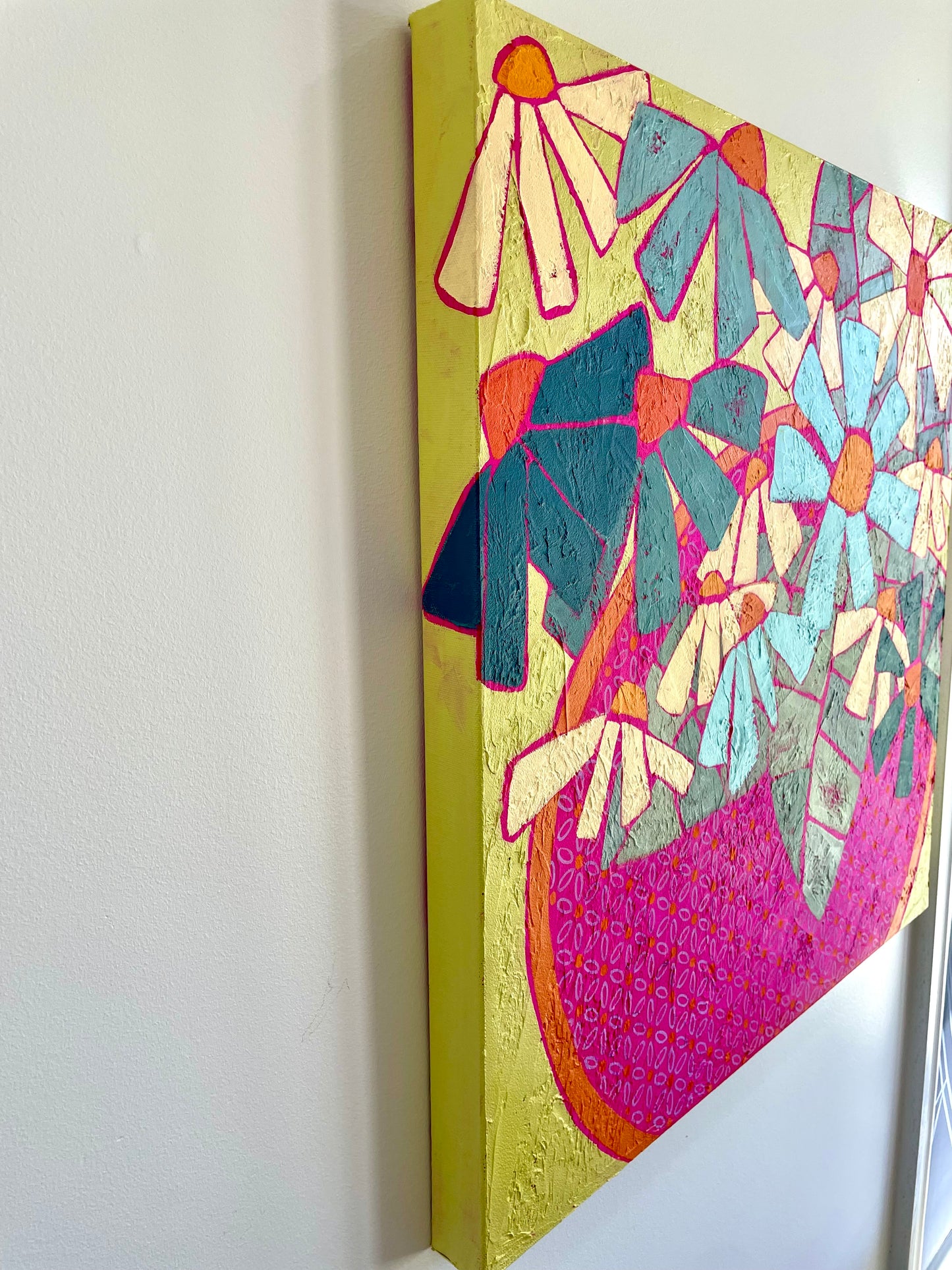 "Big Daisy Energy in a Hot Pink Bowl" $765  24"x 24" acrylic on gallery depth canvas