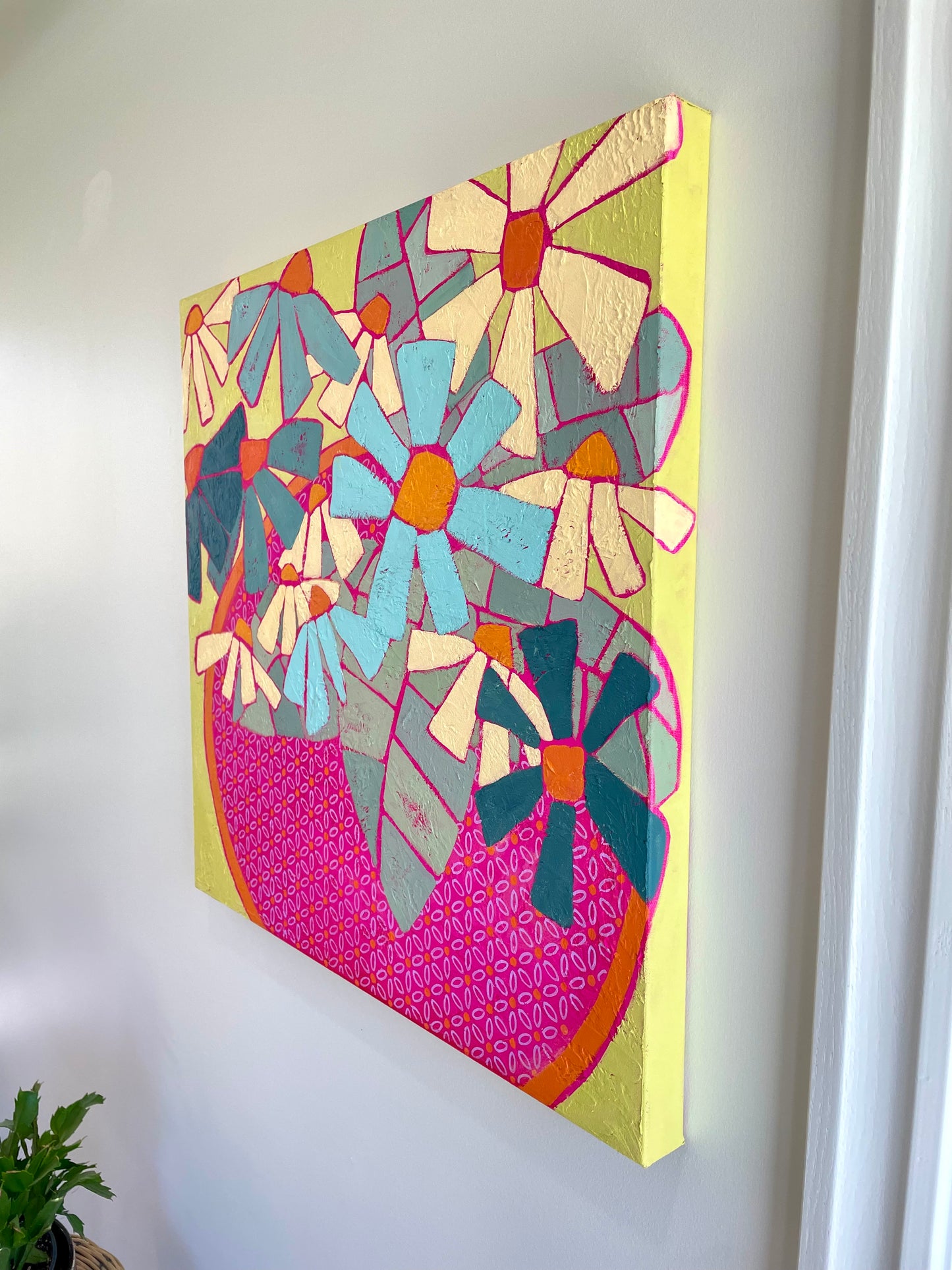 "Big Daisy Energy in a Hot Pink Bowl" $765  24"x 24" acrylic on gallery depth canvas