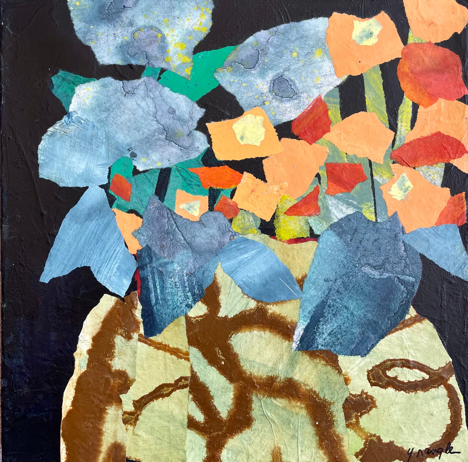 abstract floral painting with layered blue petals and peach accents, acrylic and painted paper collage on canvas