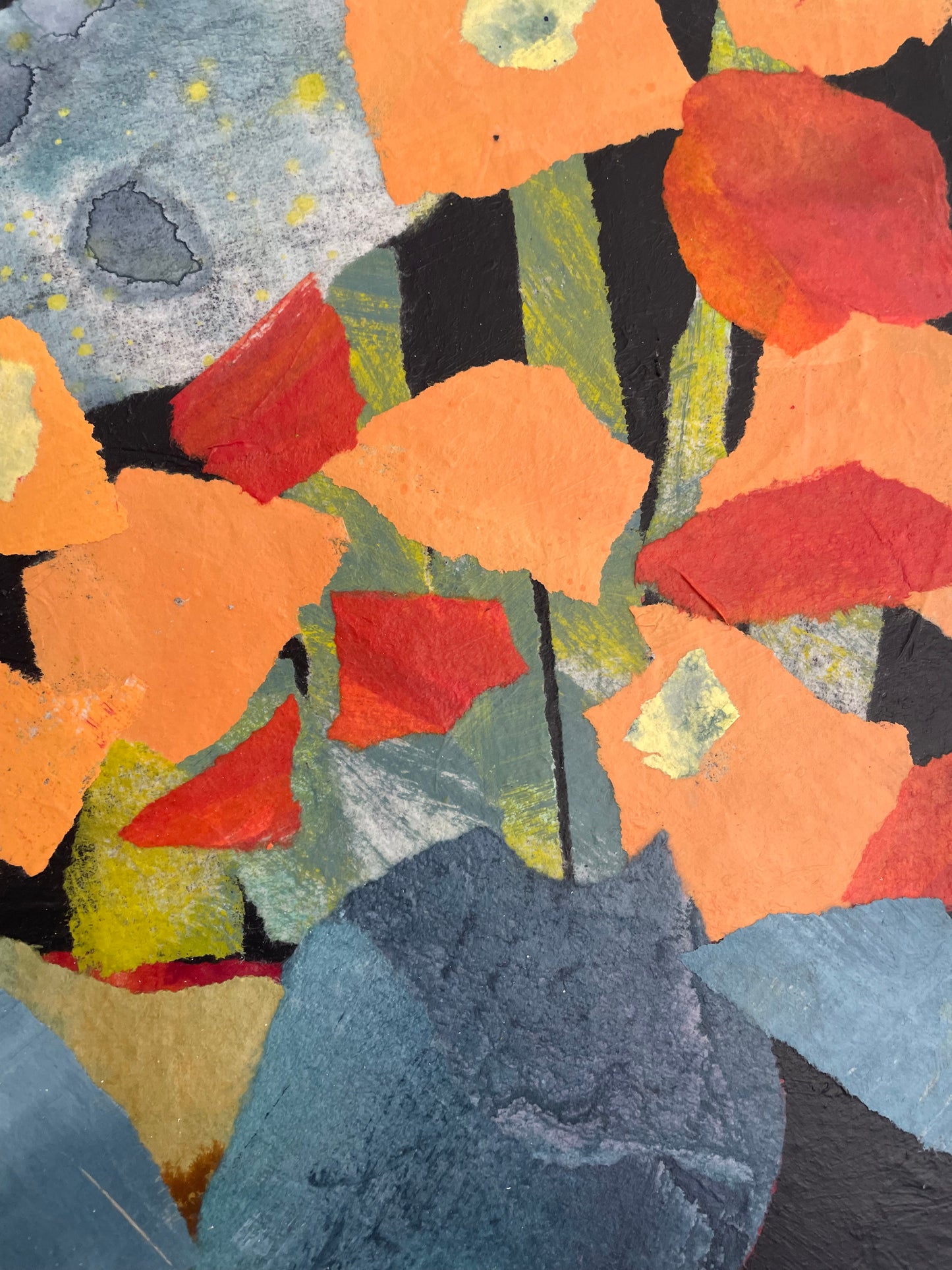 “Bits in bloom”  $350 - 12"x 12" mixed media Acrylic and painted papers on canvas