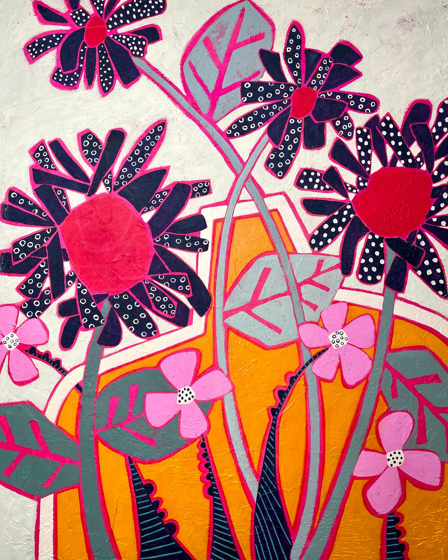 Black daisy abstract floral painting with pink flowers and orange vase, acrylic on canvas 24x30