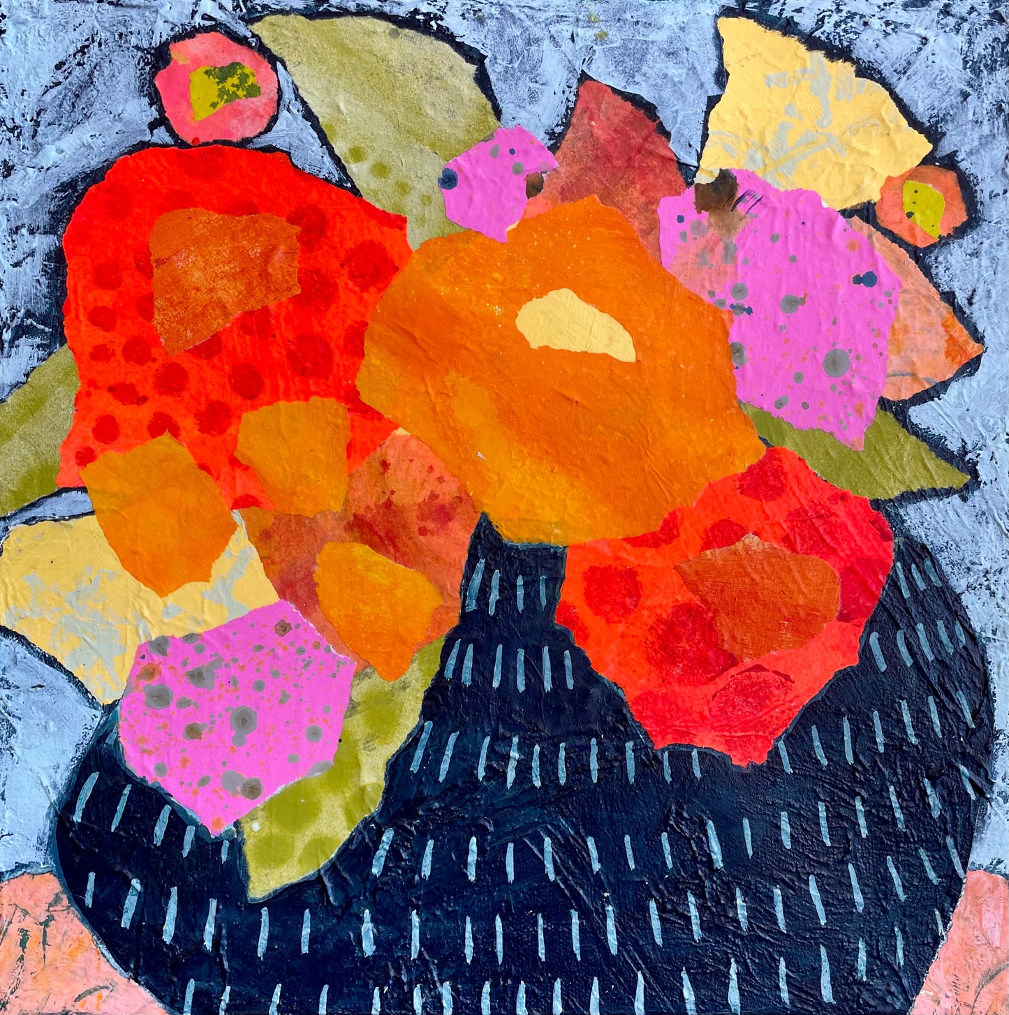 Abstract floral painting with bold orange and pink collage flowers bursting from a dark navy patterned vase on a textured background