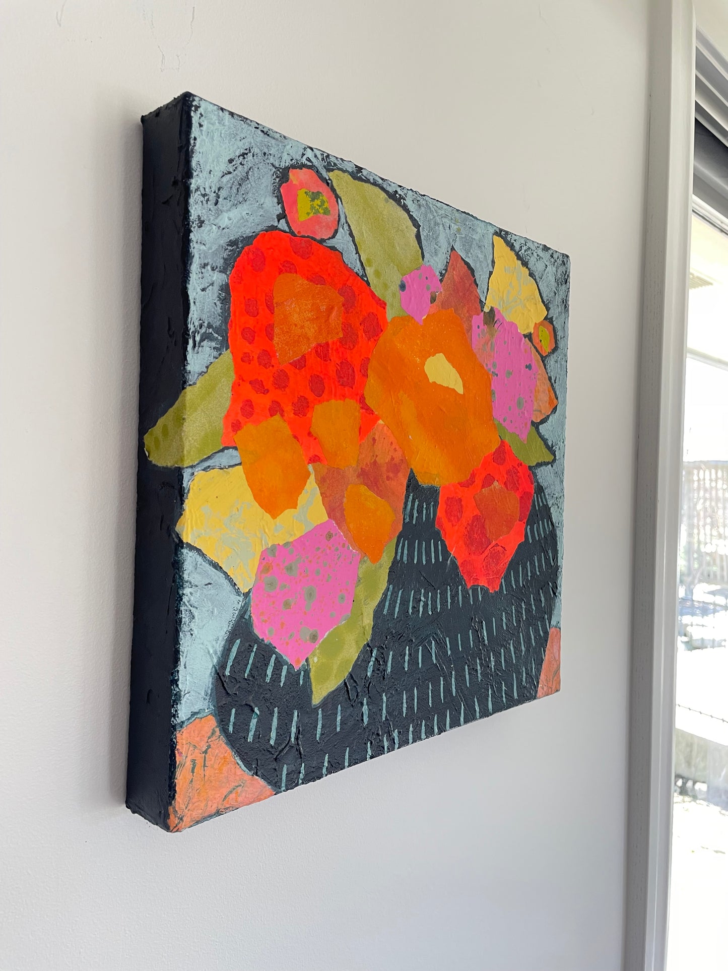 “Blooming Out Loud”  $350 - 12"x 12" mixed media Acrylic and painted papers on canvas