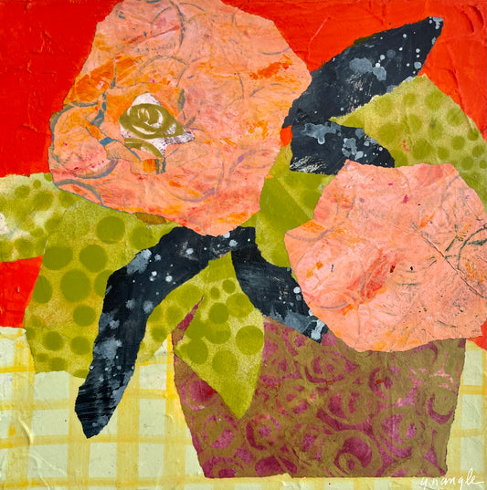 ”Orange Sorbet”  $350 - 12"x 12" mixed media Acrylic and painted papers on canvas