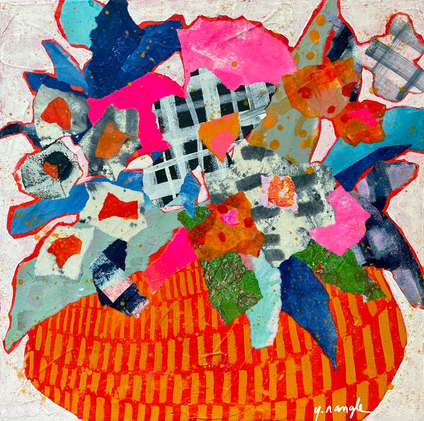 ”Blooming Plaid”  $350 - 12"x 12" mixed media Acrylic and painted papers on canvas