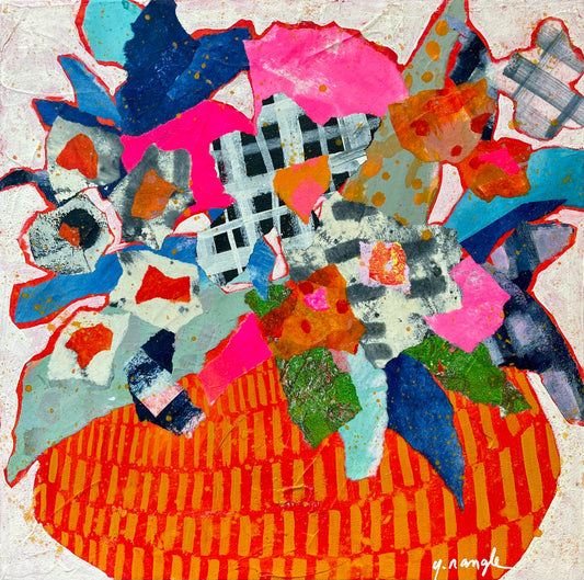 ”Blooming Plaid”  $350 - 12"x 12" mixed media Acrylic and painted papers on canvas