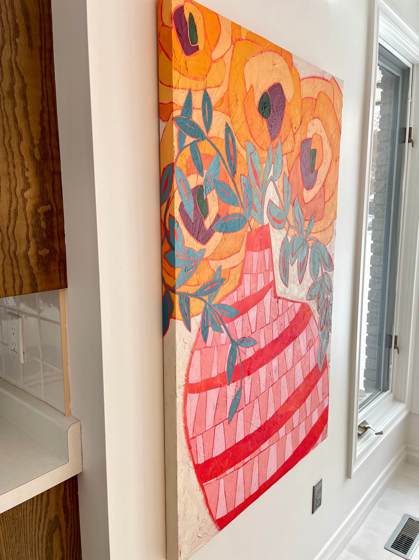 “Blooms on the Bright Side” $1800 30”x 48” Acrylic paint on gallery depth canvas