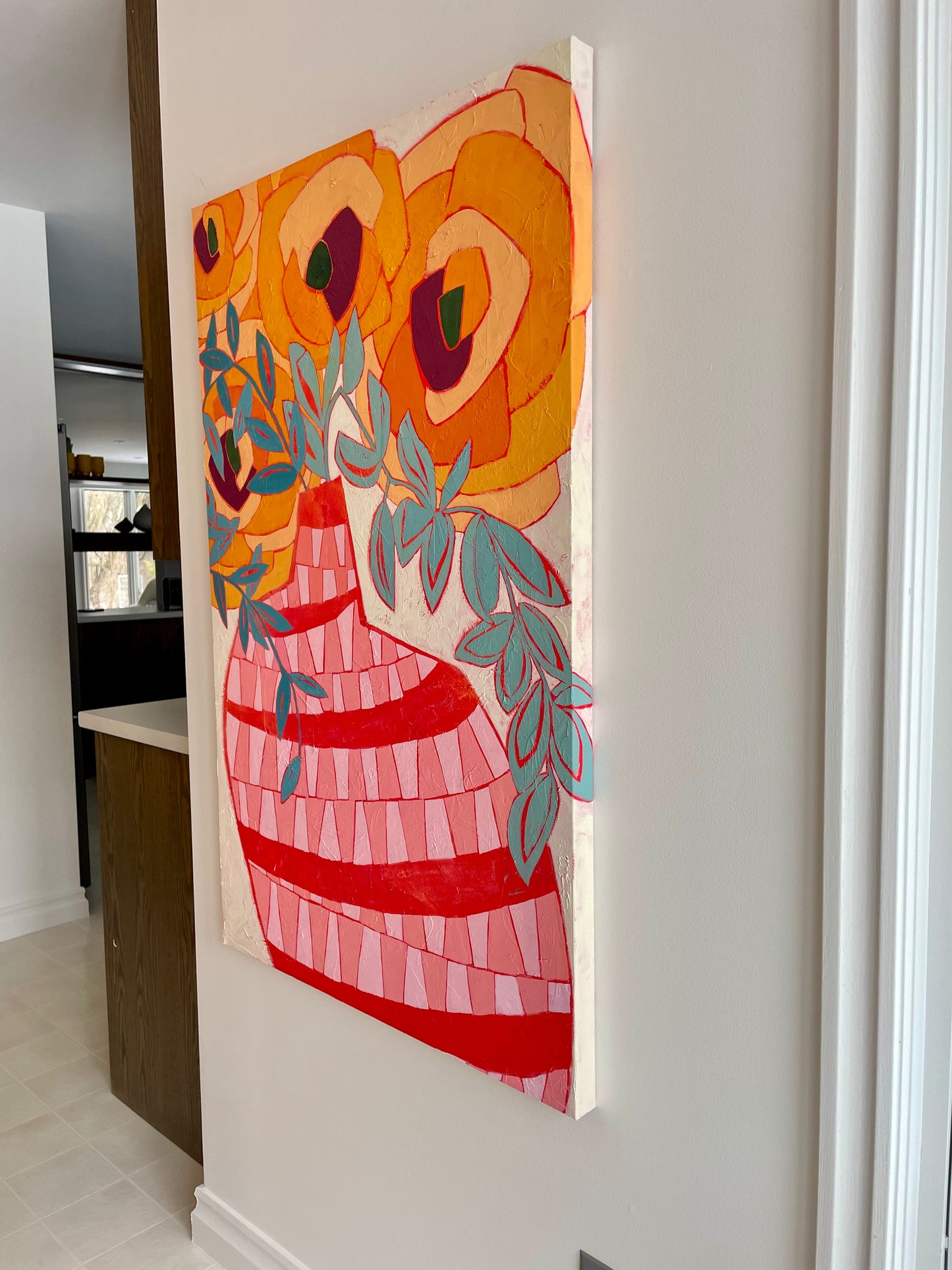 “Blooms on the Bright Side” $1800 30”x 48” Acrylic paint on gallery depth canvas