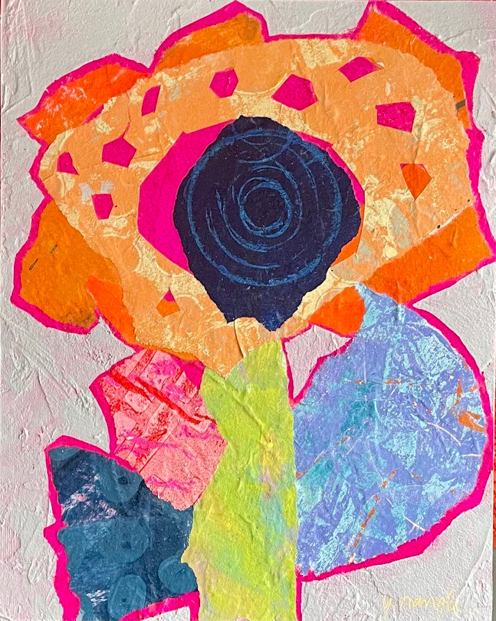 Bloomy Morning by Yvonne Nangle. 8 x 10 inch abstract floral painting with  painted paper collage. Original acrylic artwork on mounted canvas.