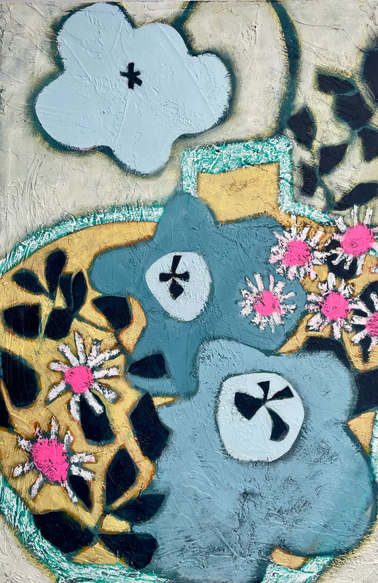 “Blue Bloomers” $850 – 20”x30” $850 Mixed-Media Abstract Floral Painting, Escaping the Vase Collection