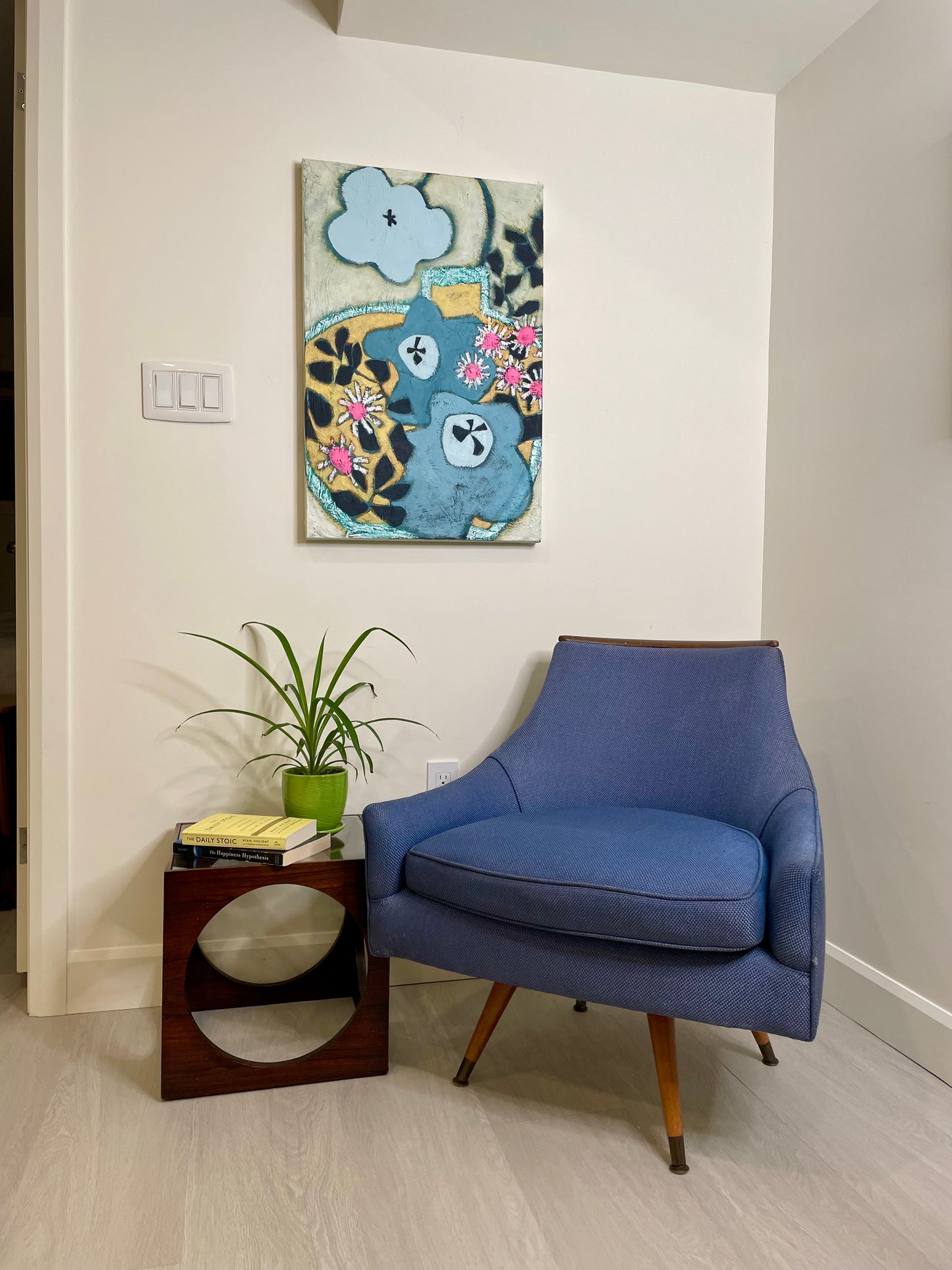 “Blue Bloomers” $850 – 20”x30” $850 Mixed-Media Abstract Floral Painting, Escaping the Vase Collection