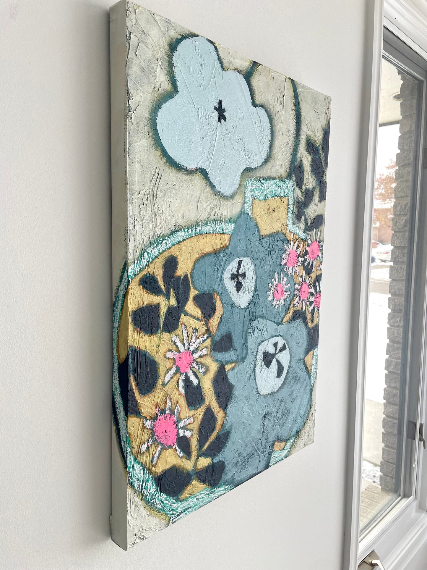 “Blue Bloomers” $850 – 20”x30” $850 Mixed-Media Abstract Floral Painting, Escaping the Vase Collection