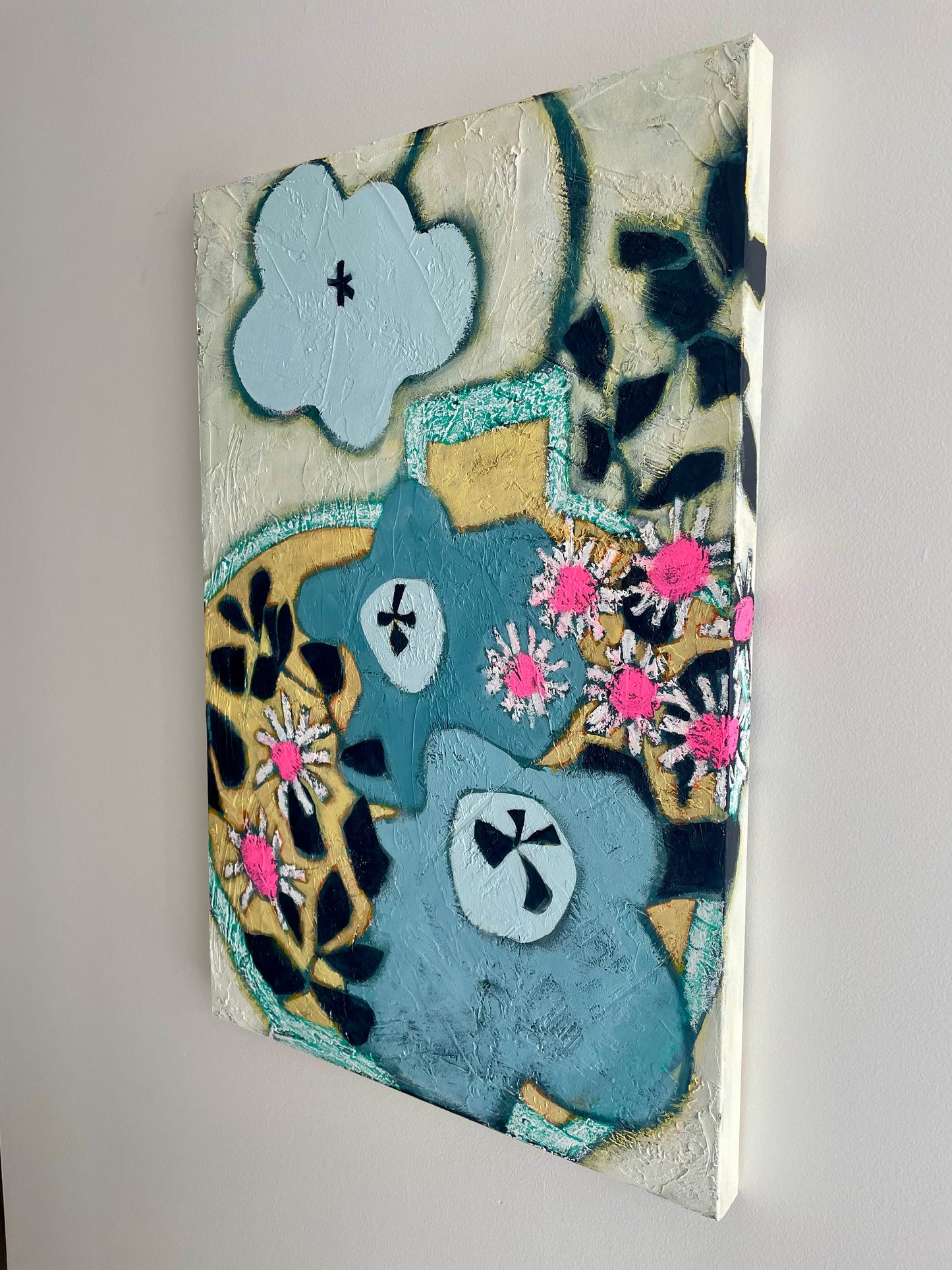 “Blue Bloomers” $850 – 20”x30” $850 Mixed-Media Abstract Floral Painting, Escaping the Vase Collection