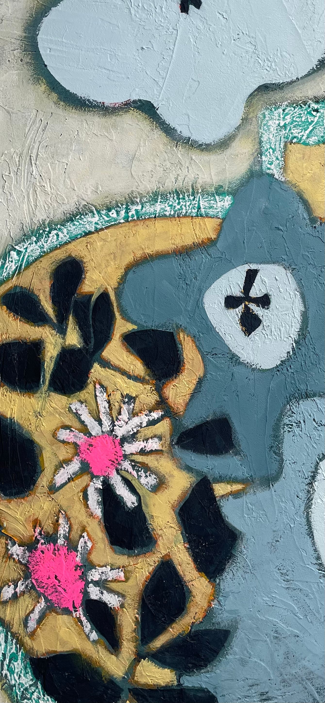 “Blue Bloomers” $850 – 20”x30” $850 Mixed-Media Abstract Floral Painting, Escaping the Vase Collection