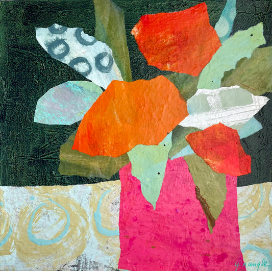 ”Bright Vibe Blooms”  $350 - 12"x 12" mixed media Acrylic and painted papers on canvas