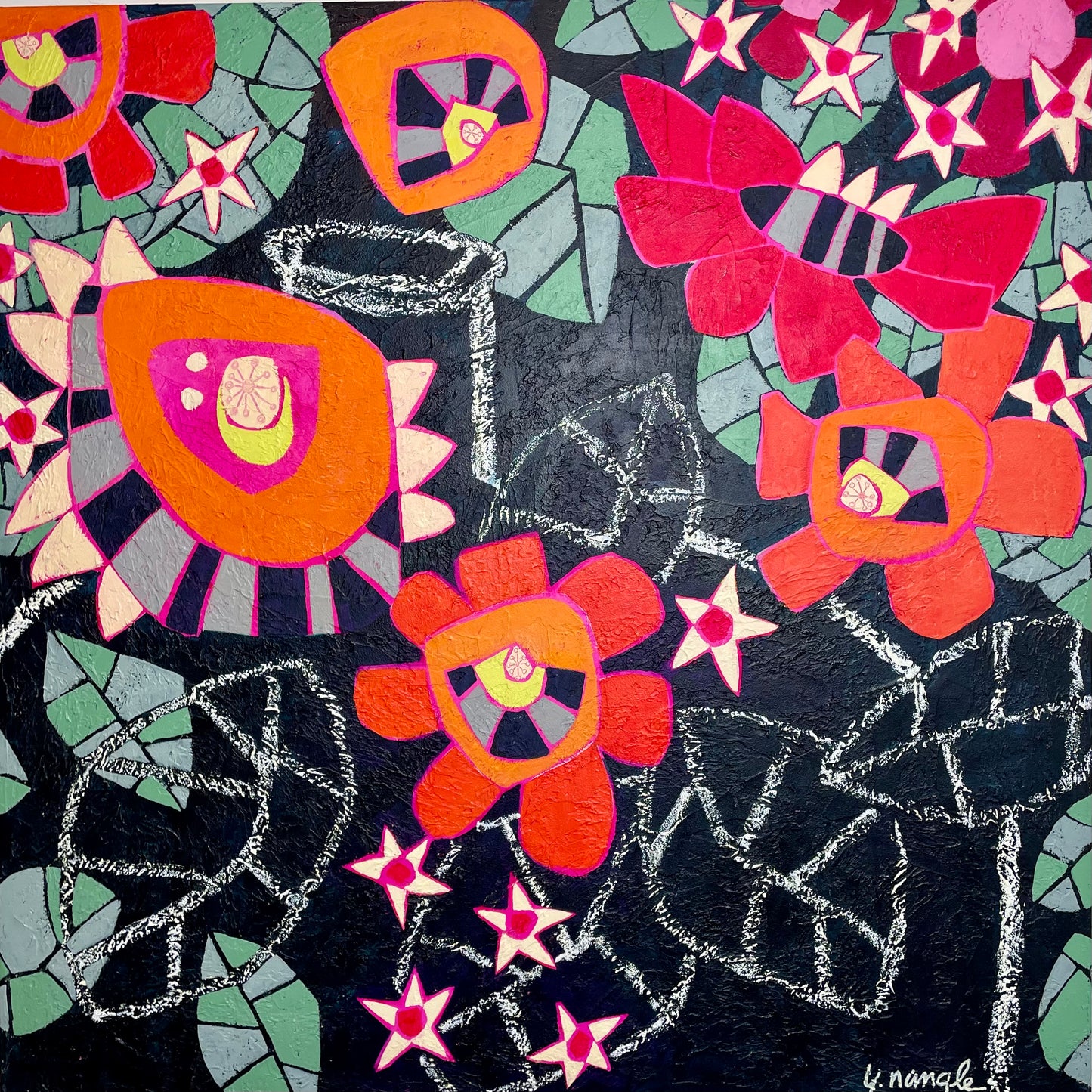 36x36 abstract floral acrylic painting with bold red and orange flowers escaping a chalkboard-style vase on a dark background