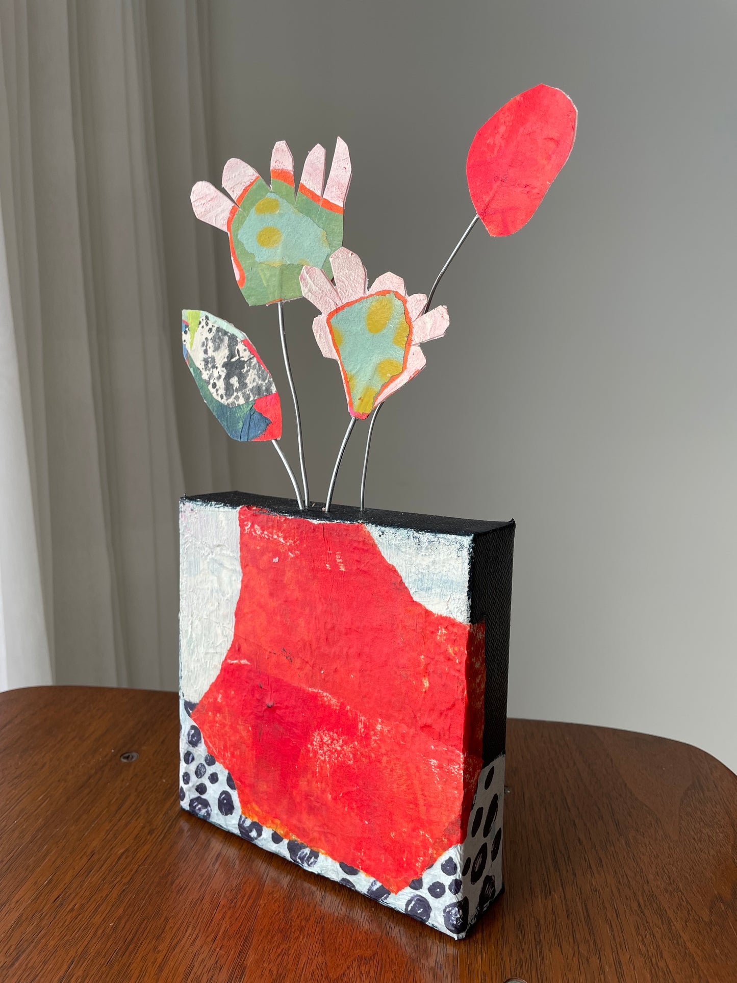 "Green Blooms Escaping" $100 6"x 13" canvas and sculptural flowers