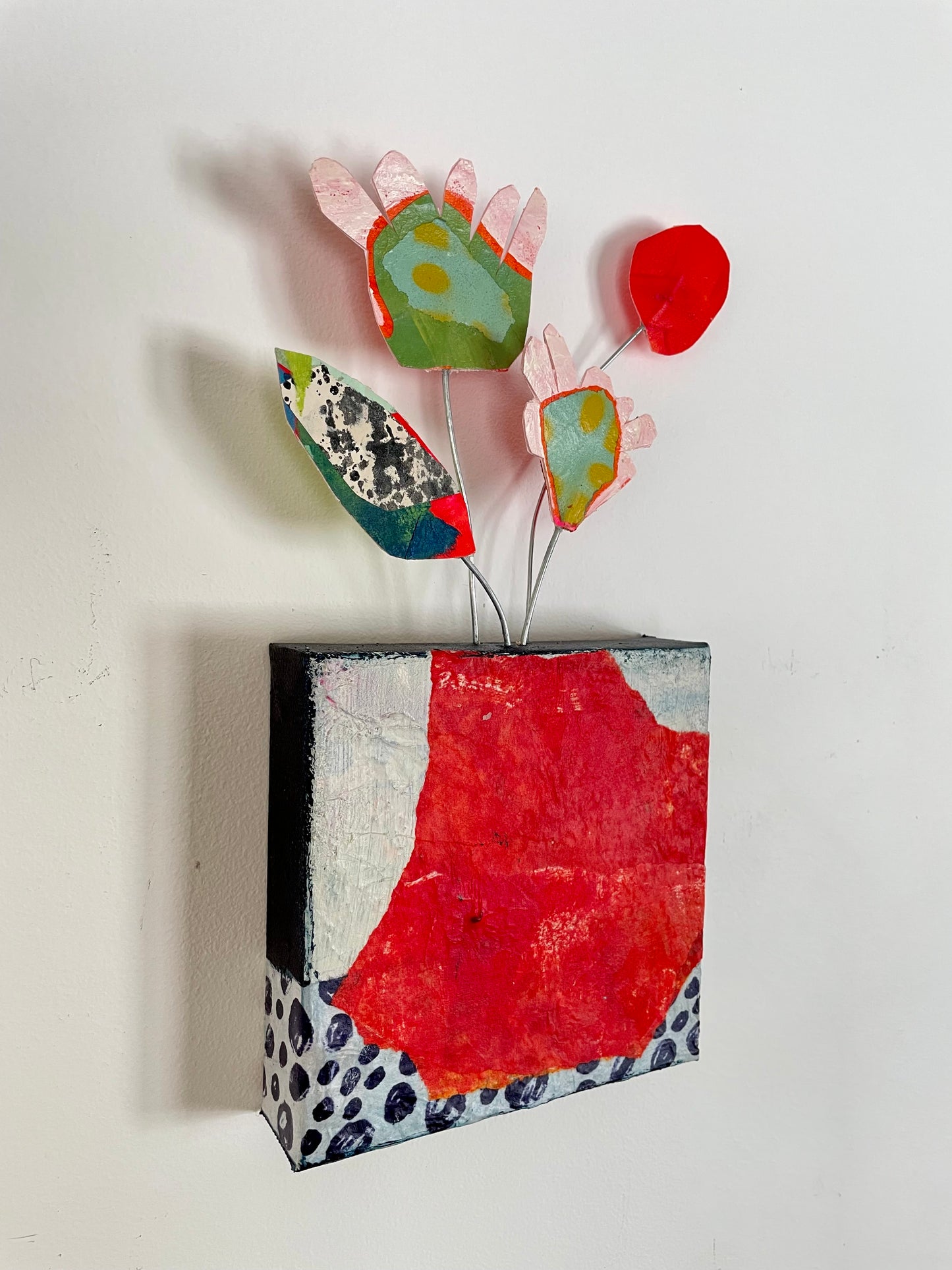 "Green Blooms Escaping" $100 6"x 13" canvas and sculptural flowers