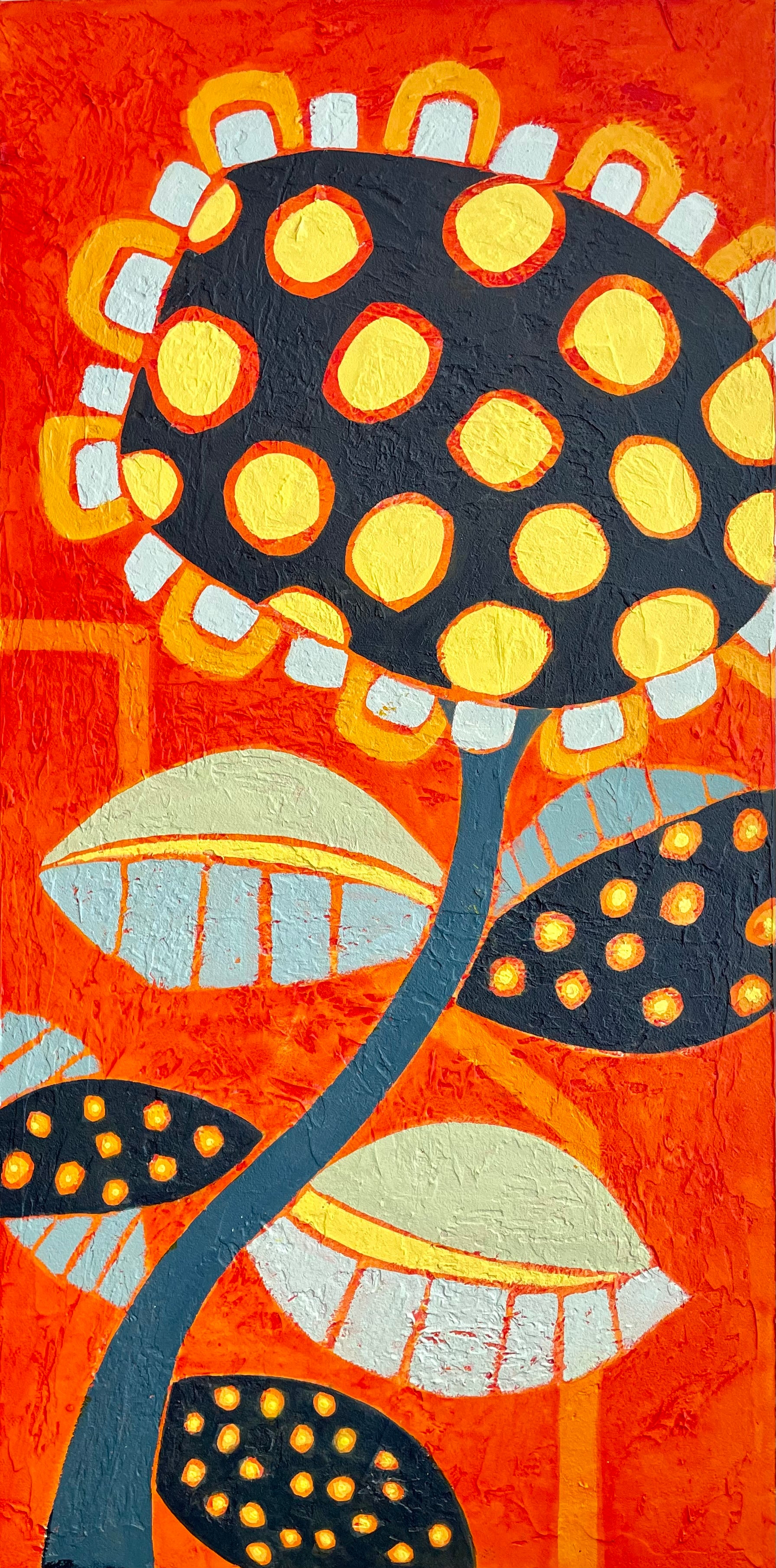 Abstract floral painting featuring a bold black flower with yellow dots on a vivid orange background, 12x24 original artwork