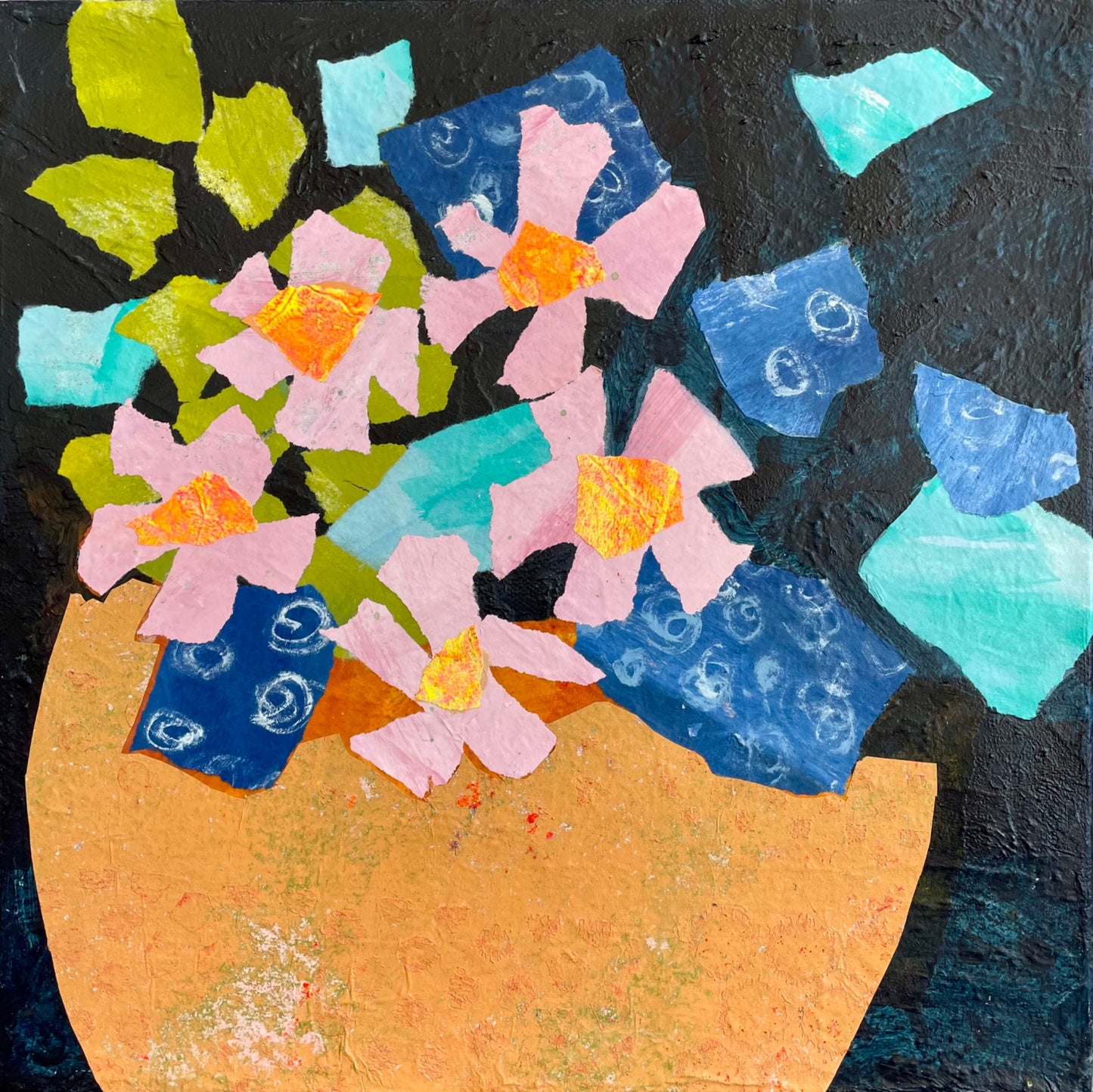 Colorful abstract floral painting with pink and peach blooms escaping a soft peach vase, square 12x12 canvas