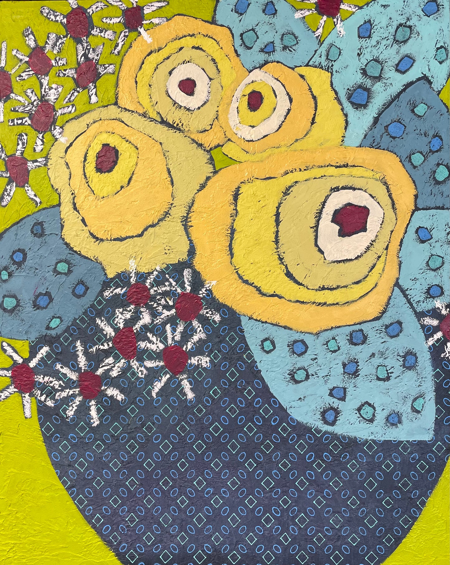 Lemon Bloom Uprising by Yvonne Nangle, 24x30 original abstract floral painting with bold yellow flowers on a lime green background