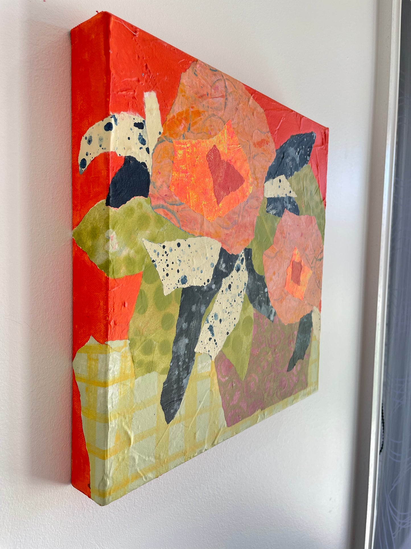 “Peachy Rebels”  $350 - 12"x 12" mixed media Acrylic and painted papers on canvas