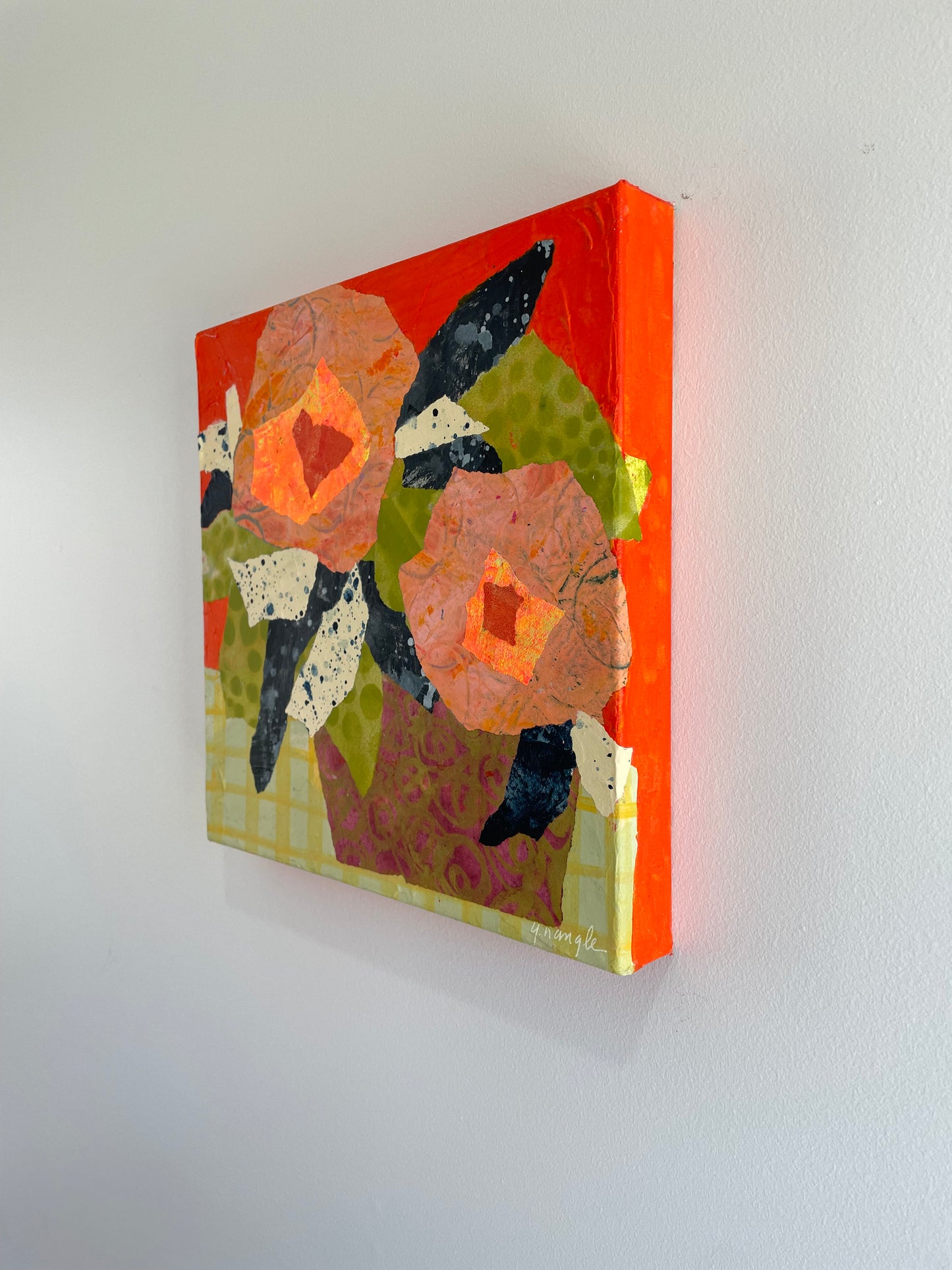 “Peachy Rebels”  $350 - 12"x 12" mixed media Acrylic and painted papers on canvas