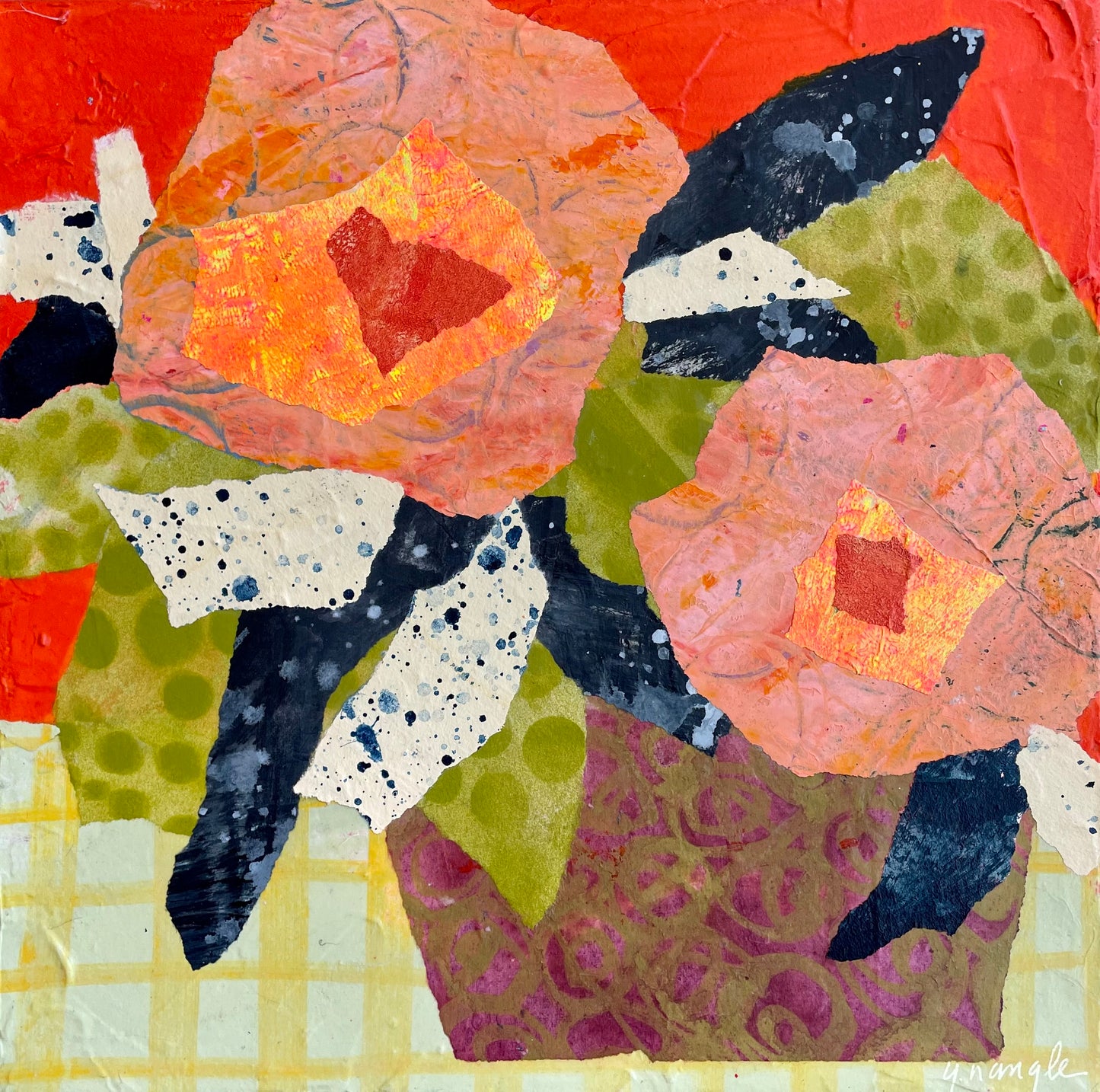 Original Canadian abstract floral painting Peachy Rebels 12x12 with peach and orange flowers, navy leaves, and textured collage details on canvas