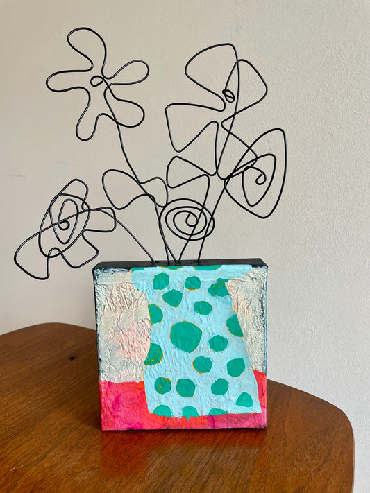“Doodle Bloom Out of the Vase ”  $150- 6"x 6" canvas with wire doodle flowers emerging from the top