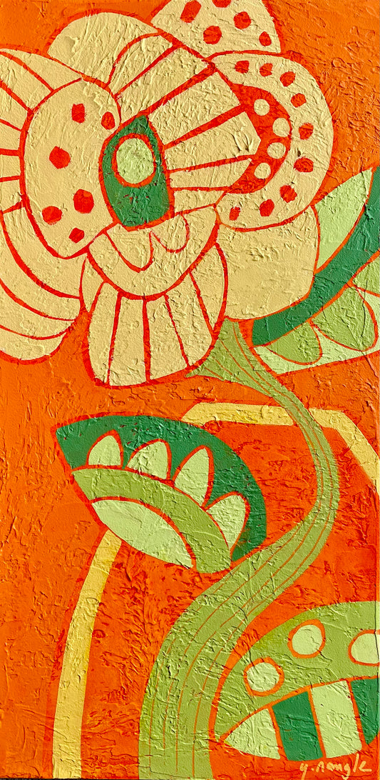 bold abstract floral painting in orange and green 12x24 acrylic on canvas escaping the vase series