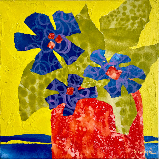 ”Vase of Violets”  $350 - 12"x 12" mixed media Acrylic and painted papers on canvas