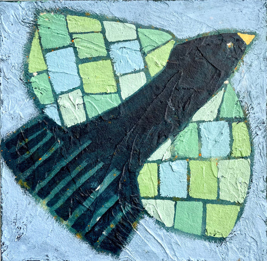 Waiting For This Moment abstract blackbird painting with colourful greeen wings 