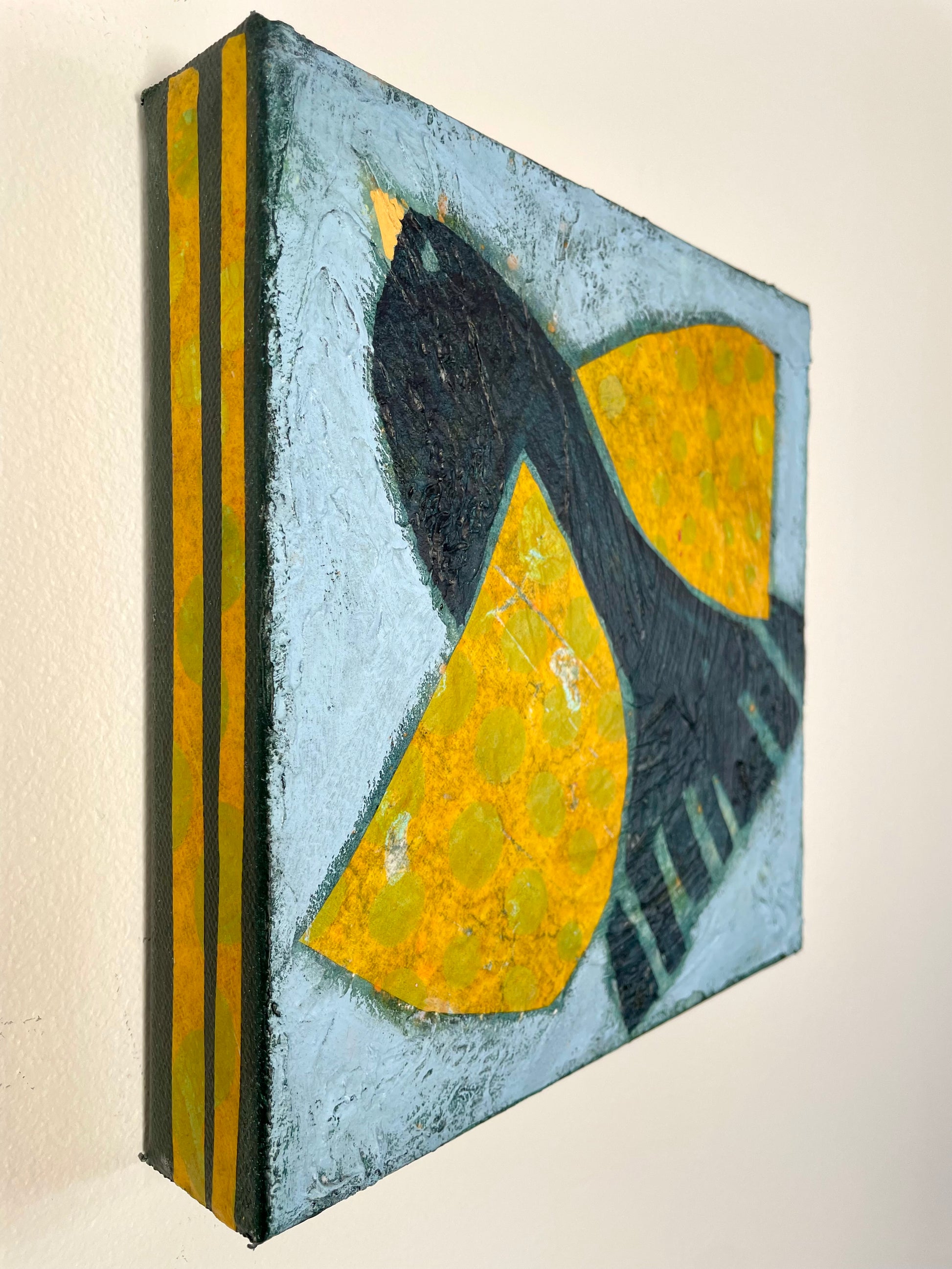 Waiting for This Moment to Arise abstract bird painting shown hanging on a wall 