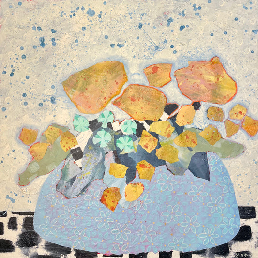 “Yellow Blooms in the Daisy Bowl"  $765 - 24"x 24" Mixed media on gallery depth canvas
