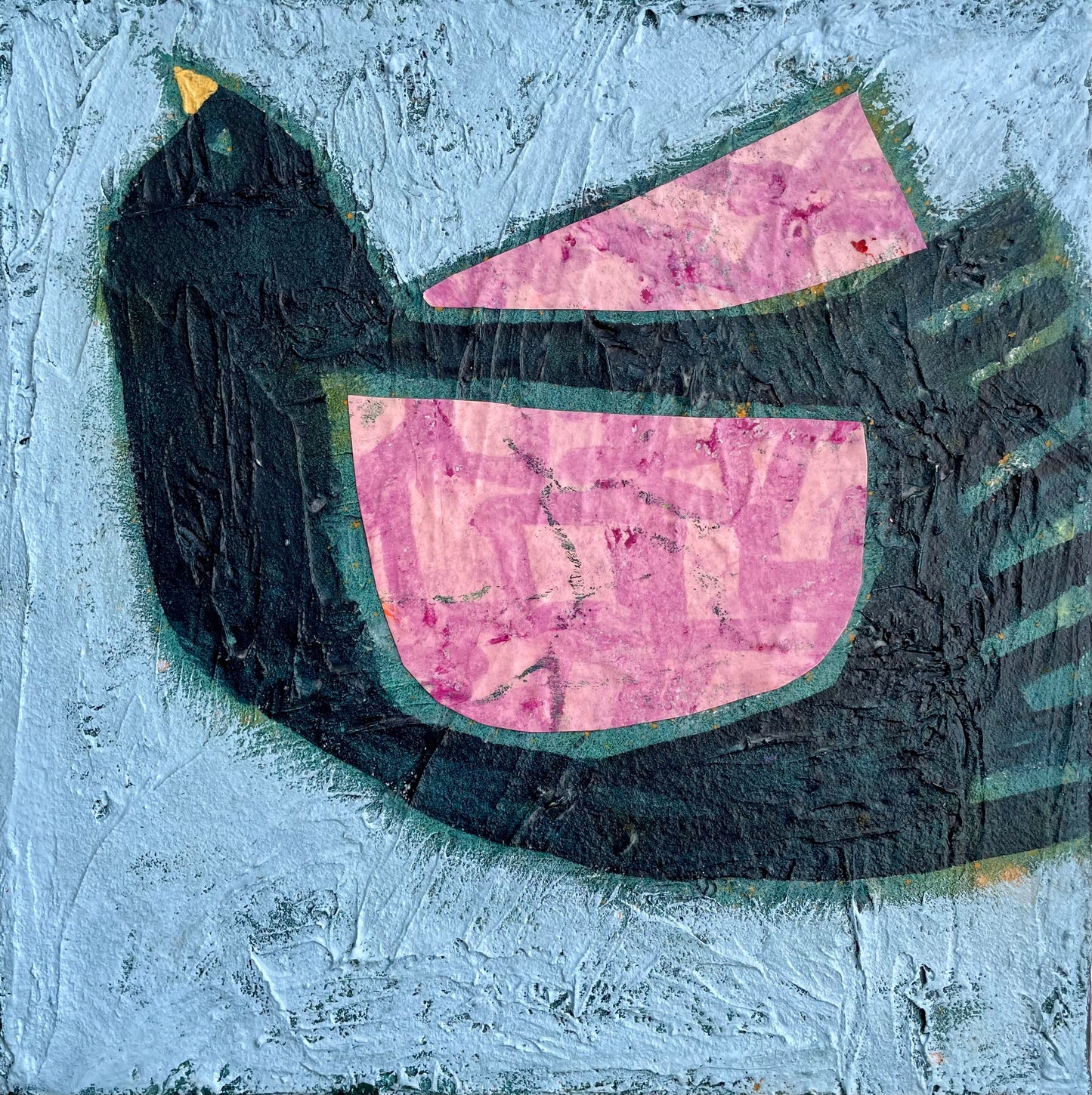 Take These Eyes and Learn to See abstract blackbird painting with bold coloured pink wings and texture