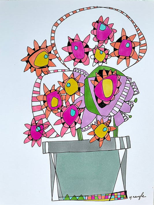 "Escaping the Vase Pink Pansy Partiers"  doodle art creation on paper