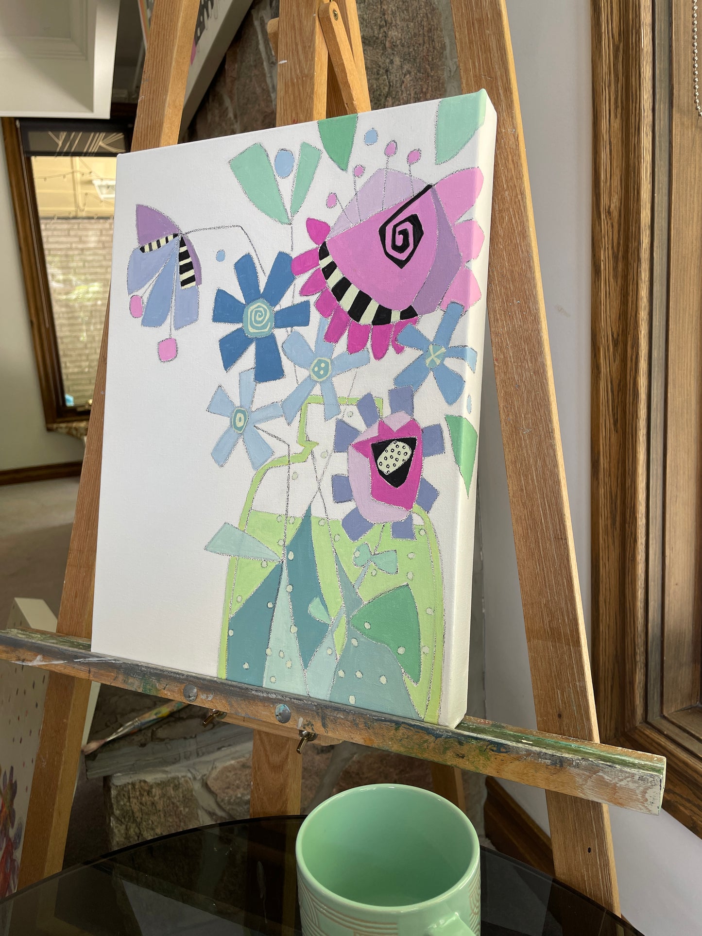 "Escaping the Vase, Very Violet Floral Doodle"  - $350- 12"x16" Acrylic painting on gallery depth (1 1/2") canvas